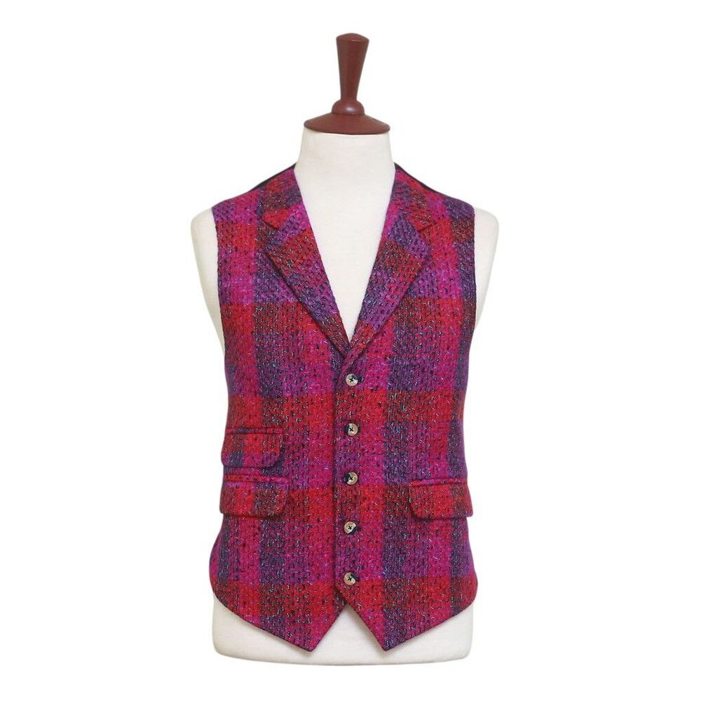 Mens Vest 44R Purple Red Plaid Wool Waistcoat Casual Formal Wedding Party Groom